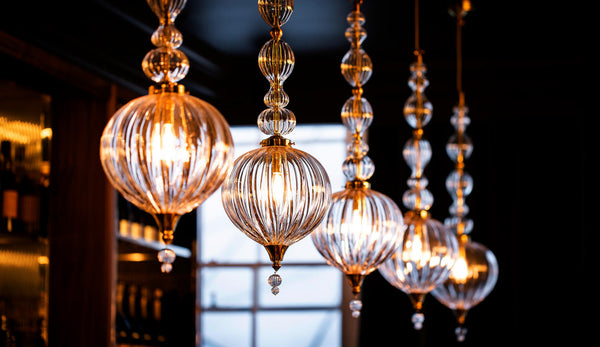 Bespoke glass pendants by Rothschild & Bickers at the Anthracite Martini Bar in Kings Cross Great Northern Hotel