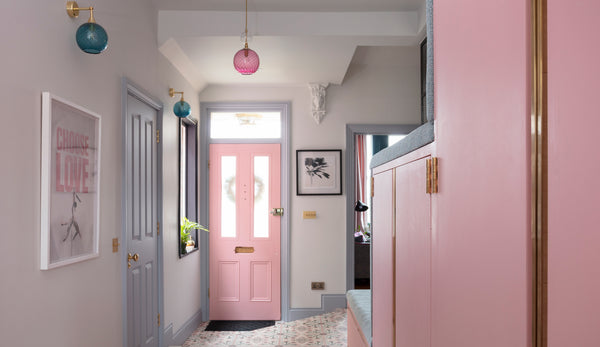 Standard Pop Light in ruby pink glass by Rothschild & Bickers hanging in the Pink House hallway by Emily Murray