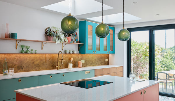 Mineral Pendants Large in Malachite green by Rothschild & Bickers hanging over kitchen island by Rock+Poppins