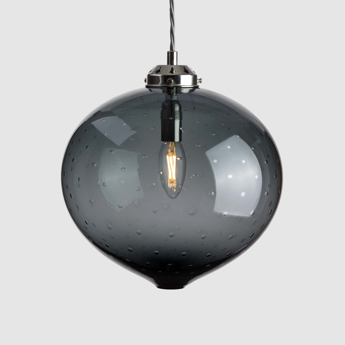 Large grey onion shape decorative bubble glass pendant light with gallery fitting and fabric covered flex