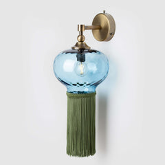 Diamond Chochin Wall Light with hand-blown glass shade and green fabric fringe for a luxury glass wall light style.