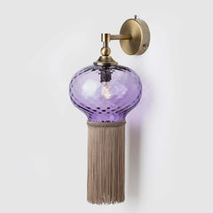 Diamond Chochin Wall Light showcasing a luxury glass design with purple shade and soft fabric fringe.