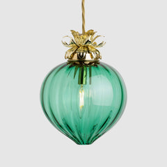 Forest green ribbed glass pendant light with decorative brass gallery