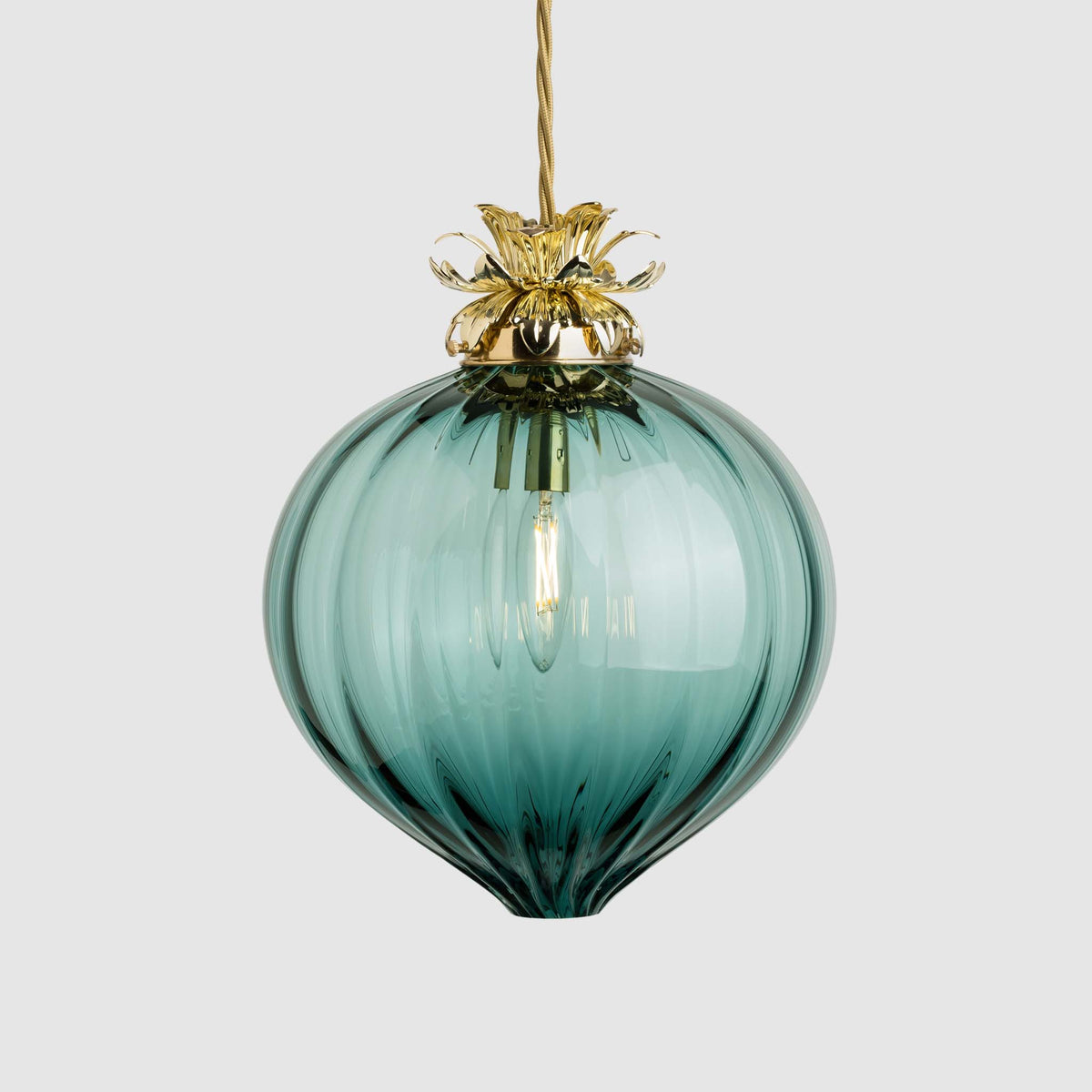 Blue ribbed hand blown glass pendant light with decorative Polished Brass fittings and twisted electrical fabric flex