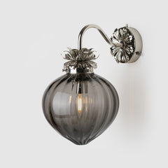 Polished Nickel Floral wall light with fluted smoke grey glass shade