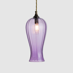 Purple glass pendant light with antique brass cord set