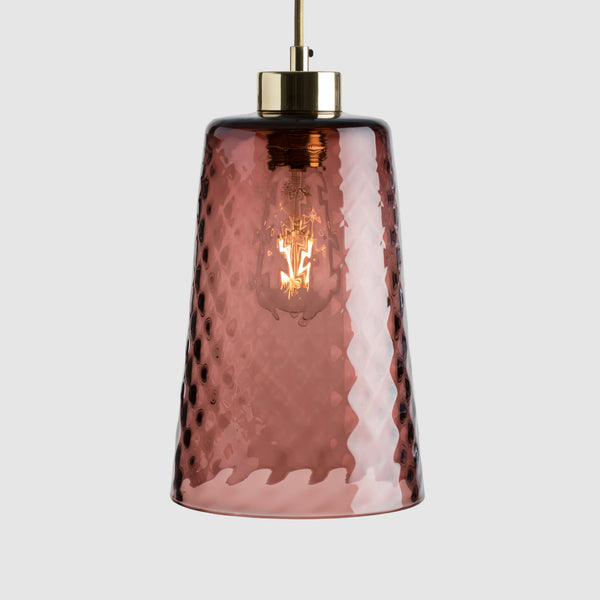 Tea brown coloured pot shaped pendant light in diamond glass with brass fittings and fabric covered flex
