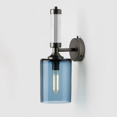 Fluted or reeded glass tube_denim mouth-blown glass shade_Matte Bronze sconce_Pillar Wall Light