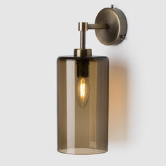 Wall-mounted light fixture with smoked glass shade and brass finish on a white background