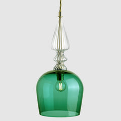 Tall cloche shaped Forest green glass pendant light with decorative clear ribbed glass spindle feature and fabric covered flex