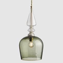 Tall cloche shaped Eel glass pendant light with decorative clear ribbed glass spindle feature and fabric covered flex