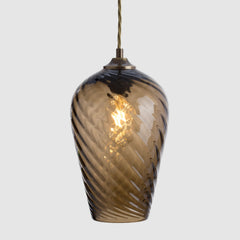 Mouth blown glass pendant light in smoke bronze colour with white background
