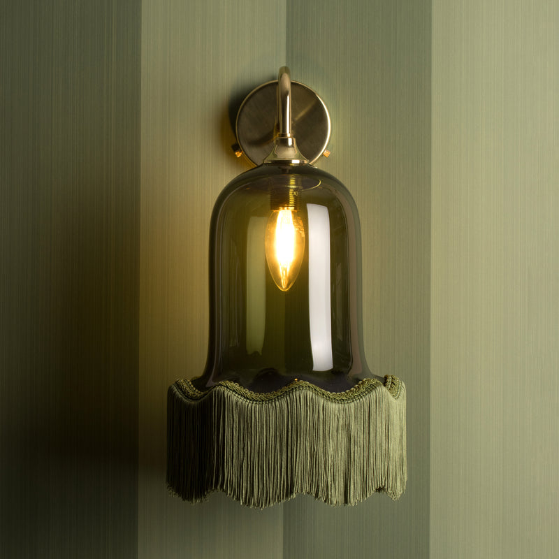 Vintage Bell Wall Light in Eel green with Cypress green fringe