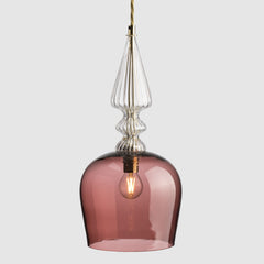 Tall cloche shaped tea glass pendant light with decorative clear ribbed glass spindle feature and fabric covered flex