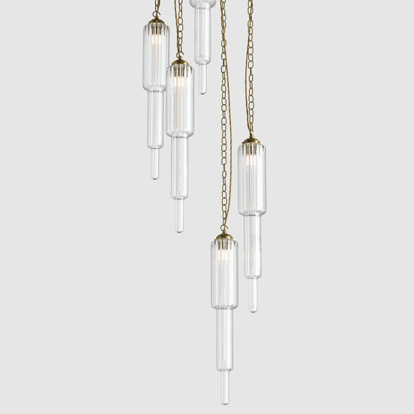 Ceiling lighting feature-Tiered Light - Antique Brass, 5 Drop Cluster-Rothschild & Bickers