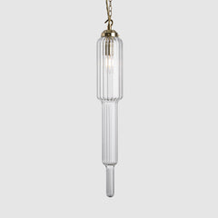 Clear ribbed art deco style pendant light with decorative chain fitting and twisted fabric covered flex