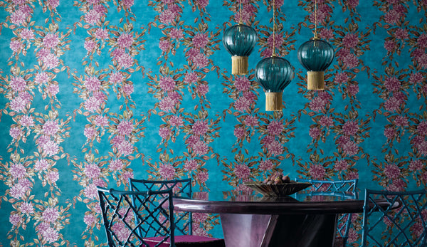Opulent Optic pendant lights by Rothschild & Bickers with wallpaper by Osborne & Little  Enchanted Garden Collection
