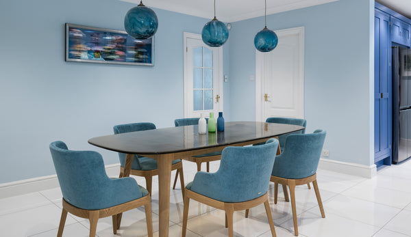 Mineral Pendant by Rothschild & Bickers in Lazurite Aqua above kitchen table, Interior design by Deborah Law