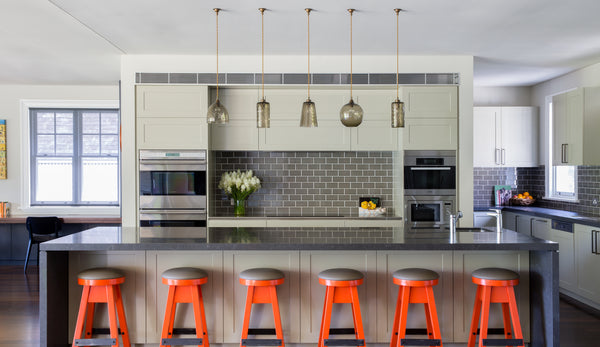 Pick-n-Mix Large pendants by Rothschild & Bickers hanging over a kitchen island 