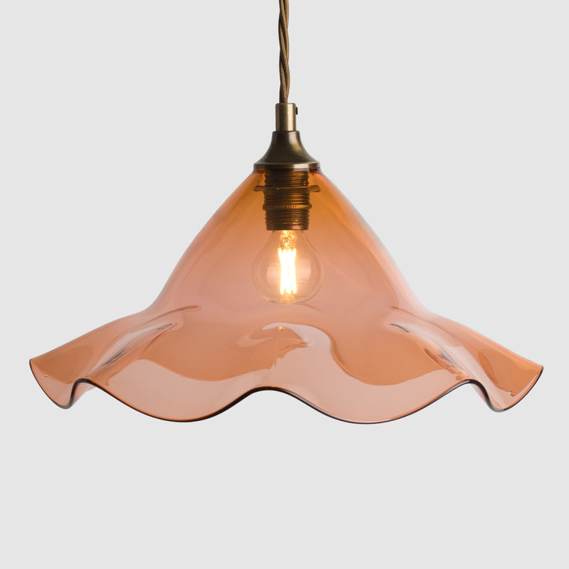 Frilled glass shade in Peach glass_antique brass_fabric covered flex