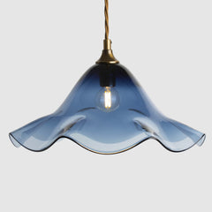 Frilled glass shade in Denim Blue glass_antique brass_fabric covered flex