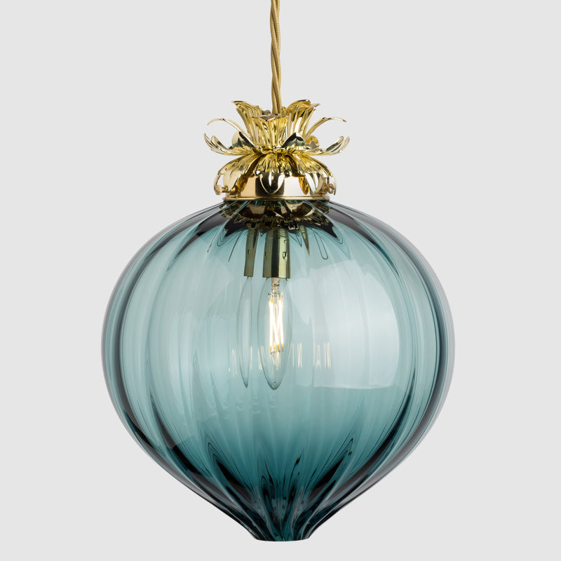 Flora Pendant Large-Ribbed glass globe light-Steel-Rothschild & Bickers