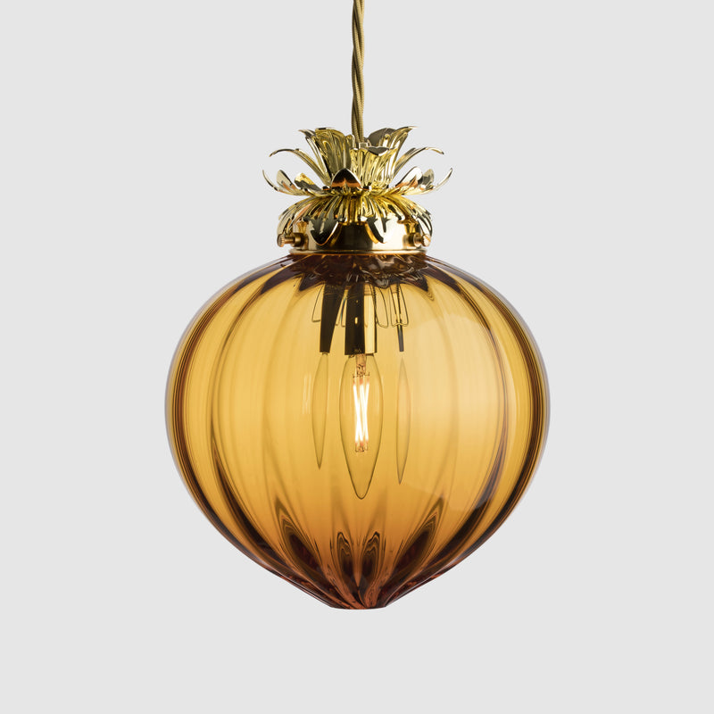 Flora Pendant Standard-Ribbed glass globe light-Amber-Rothschild & Bickers