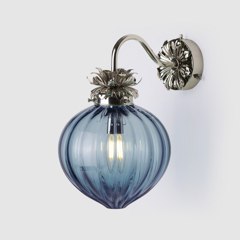 Polished Nickel  Floral wall light with fluted denim blue glass shade