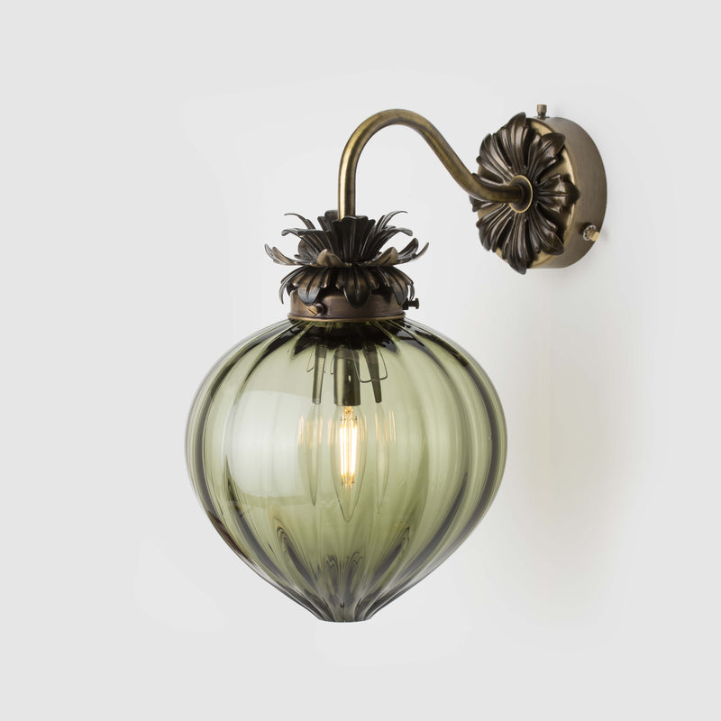 Antique Brass Floral wall light with fluted glass shade