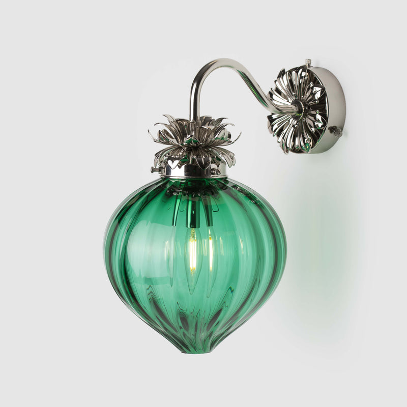 Polished Nickel Floral wall light with fluted green glass shade