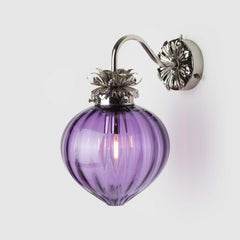 Polished Nickel Floral wall light with fluted purple glass lamp