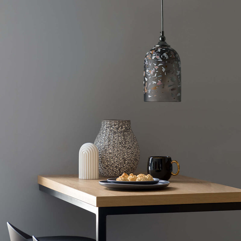 Terrazzo textured glass light shade over kitchen table by Rothschild & Bickers 