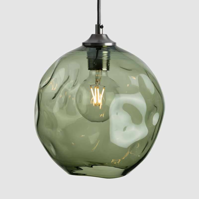 Eel organic shaped clear glass suspension pendant lights with brushed nickel fittings and fabric covered flex