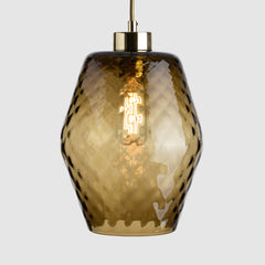 Oliver green flask shaped pendant light in diamond glass with brass fittings and fabric covered flex