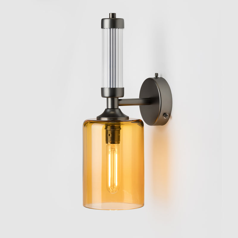 Fluted or reeded glass tube_Amber mouth-blown glass shade_Matte Bronze sconce_Pillar Wall Light
