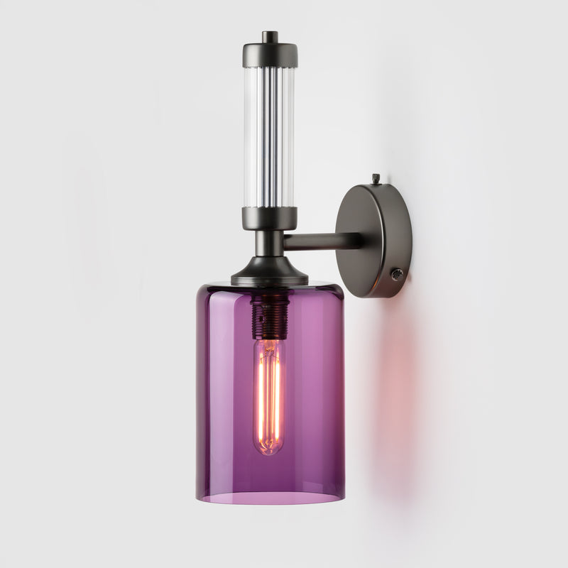 Fluted or reeded glass tube_purple mouth-blown glass shade_Matte Bronze sconce_Pillar Wall Light