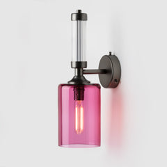 Fluted or reeded glass tube_ruby mouth-blown glass shade_Matte Bronze sconce_Pillar Wall Light