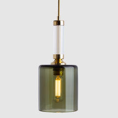 Pendant light with smoked eel glass shade and gold accents on a white background