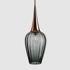 Grey ribbed glass pendant light with decorative spun copper detail and fabric covered flex