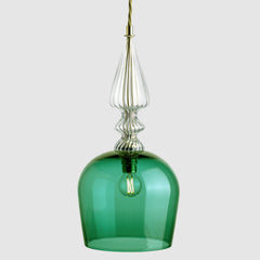 Tall cloche shaped Forest green glass pendant light  with decorative clear ribbed glass spindle feature and fabric covered flex