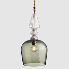 Tall cloche shaped Eel glass pendant light  with decorative clear ribbed glass spindle feature and fabric covered flex