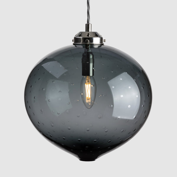 Large grey onion shape decorative bubble glass pendant light with gallery fitting and fabric covered flex