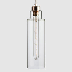 Tall Stepped clear glass decorative pendant light with copper fittings and fabric covered flex