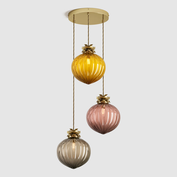 Ceiling lighting feature-Flora Pendant Large - Warm, 3 Drop Cluster-Polished Brass-Rothschild & Bickers