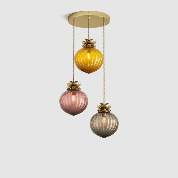 Ceiling lighting feature-Flora Pendant Standard - Warm, 3 Drop Cluster-Polished Brass-Rothschild & Bickers