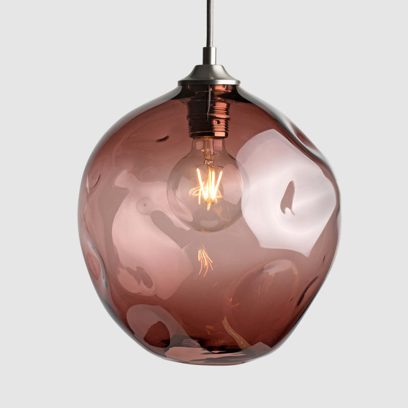 Tea organic shaped clear glass suspension pendant lights with brushed nickel fittings and fabric covered flex