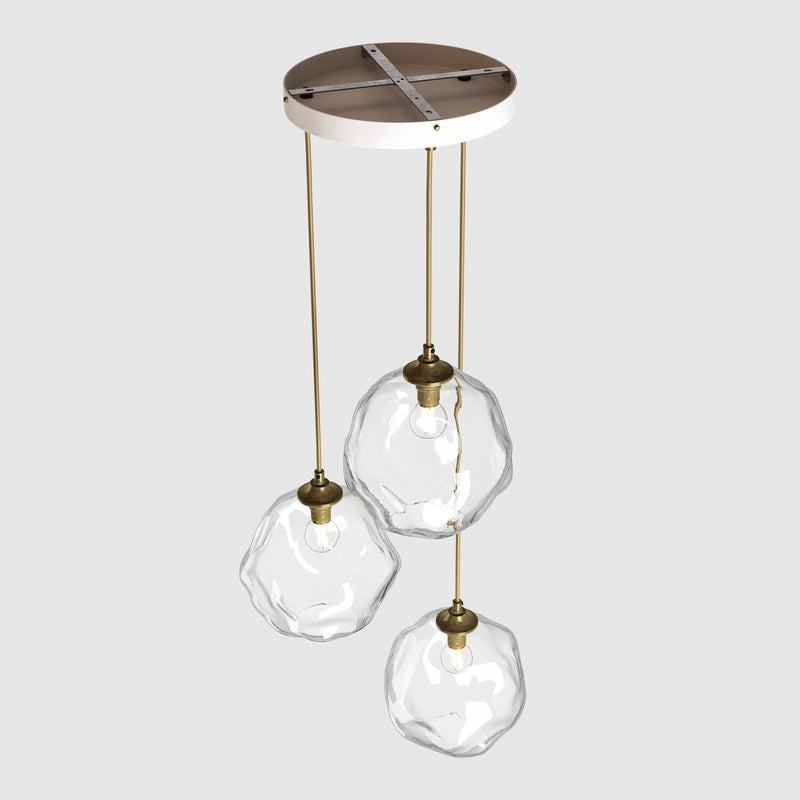 Ceiling lighting feature-Liquid Light Standard - Antique Brass, 3 Drop Cluster-Rothschild & Bickers