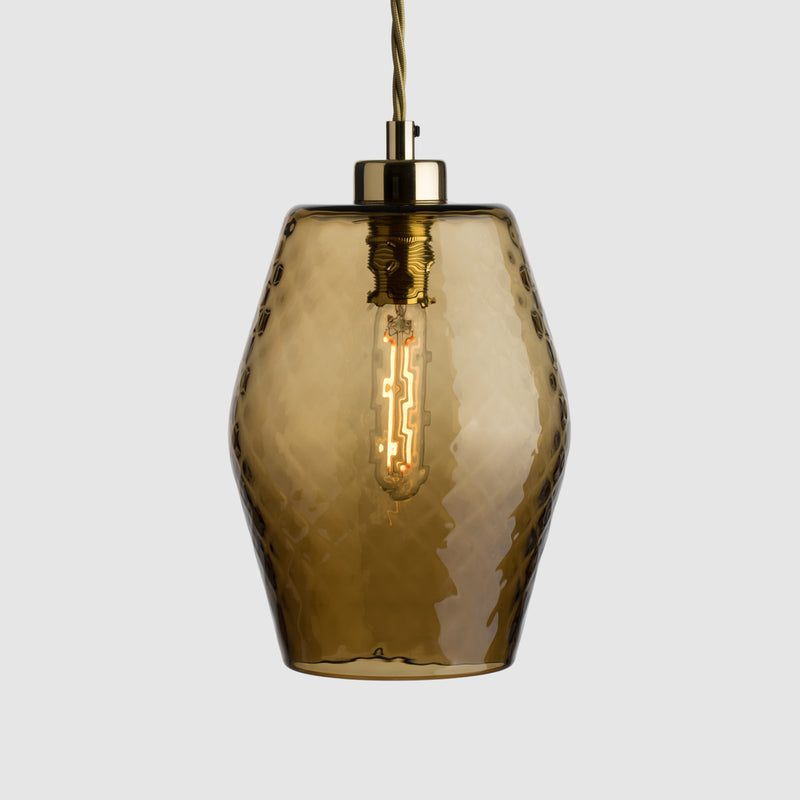 Sargasso coloured flask shaped pendant light in diamond glass with brass fittings and fabric covered flex