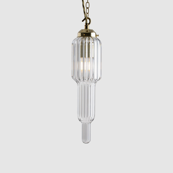 Clear ribbed art deco style pendant light with decorative chain fitting and twisted fabric covered flex