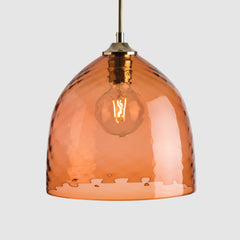 Peach cloche diamond glass pendant light with brass fittings and fabric covered flex